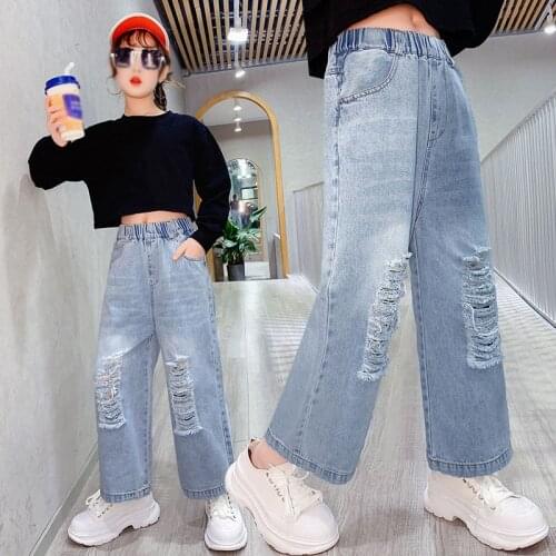 2021 Summer Mid-Waist Jeans Cotton Solid Color One-Piece Korean Spring Autumn Ripped Jeans Kids Clothes Denim Blue Girls Pants