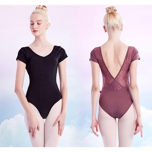 Ballet Leotards Adult Dance Ballet V Back Lace Splice Gymnastics Leotard Ladies Short Sleeve Ballet Leotards Yoga Bodysuit