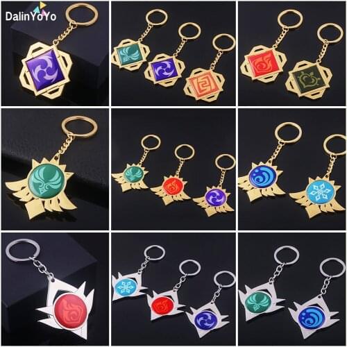 Genshin Impact Mondstadt Keychains Metal Jewelry Cosplay Key Chain 7 Element Weapons Luminous Eye of God Key Ring Jewelry Gift