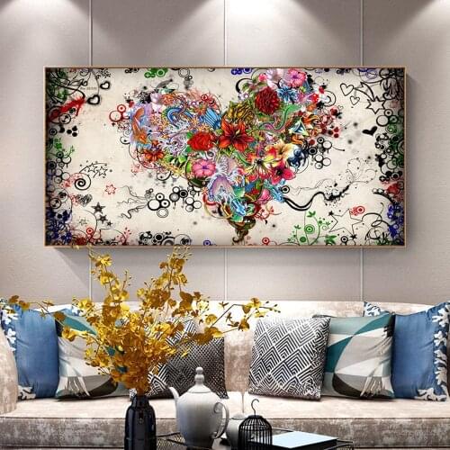 DDWW Love Painting Abstract Colorful Heart Flowers Wall Art Picture Canvas Print Posters Prints for Living Room Home No Frame