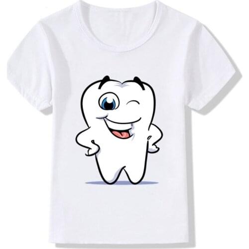 Cute Tooth Cartoon Print Funny T-Shirts Girls Kids Summer Boy Clothes