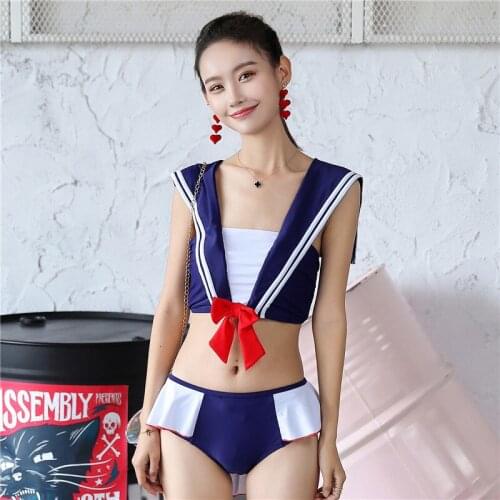 College Style Two Piece Swimsuit Women Fashion Sexy Sailor Suit Swimwear Women High Waist Girls Swimwear Tankini Swimsuits Women