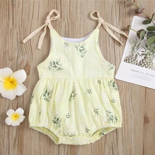 Summer Newborn Sleeveless Bodysuit Baby Girls Tie-up Plant Pattern U-shaped Neck Romper Playsuit