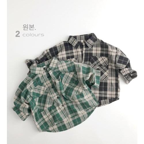 2021 new girls boys plaid shirt cotton linen autumn full sleeve kids top