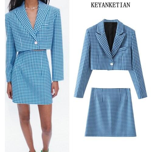 KEYANKETIAN Autumn new style office ladies one-button plaid long-sleeved short suit high waist bag hip mini skirt female suit