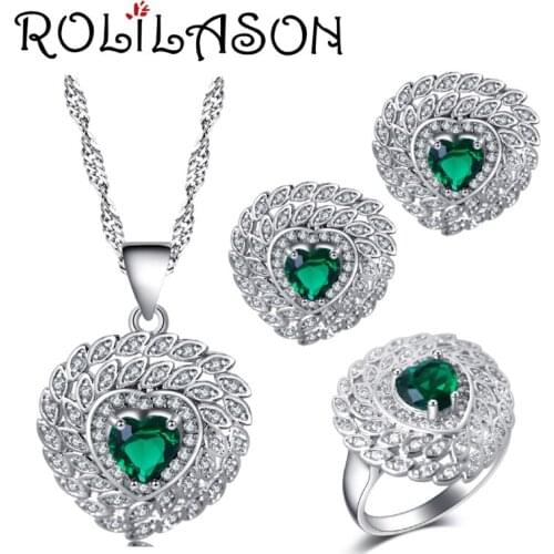 ROLILASON Passion heart-shaped design green zircon silver Earrings Necklace Rings Jewelry Sets USA size #6#7#8#9#10 JS722