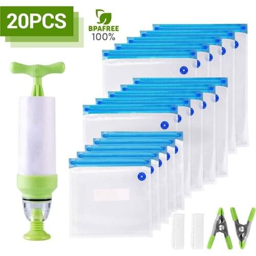 20/17Pcs Bag Kits Reusable Food Storage Vacuum Seal Bags With Hand Pump Bag Sealing Clips Food Wrap For Food Storage Freezing