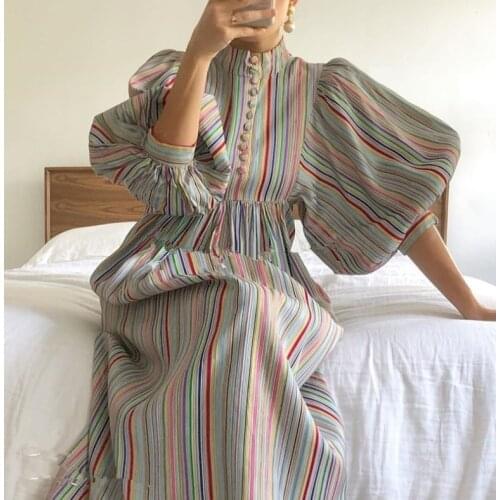 Retro color matching rainbow striped puff sleeve dress 2021 new fashionable temperament light and versatile