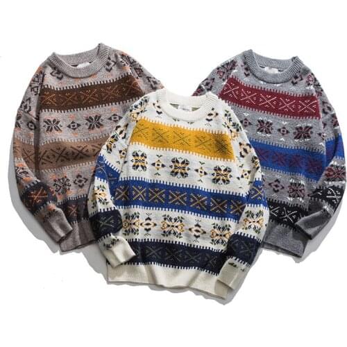 2021 Pullover Sweater Mens O-neck Knitted Sweater Mens Flower Stripe Winter Vintage Wool Sweater Hip Hop Korean Casual Wear
