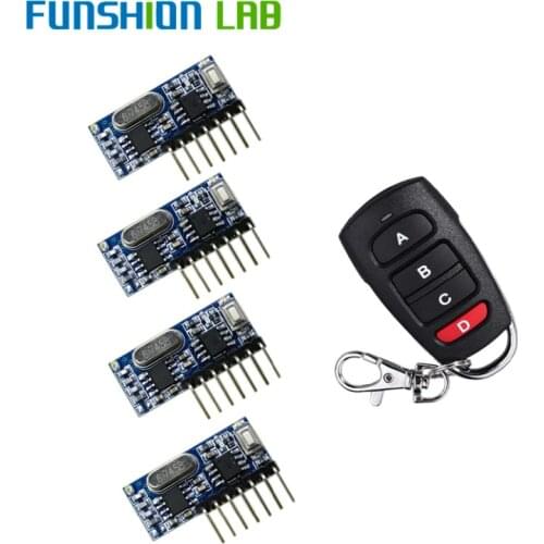 FUNSHION RF Remote Control Transmitter & 433Mhz Wireless Receiver Learning Code 1527 Decoding Module 4 CH Output Learning Button