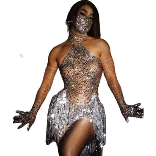 Halter Shining Rhinestones Tassel Striped Decoration Bodysuit Women Sexy Gloves Costume Ladies Nightclub Performance Clothing