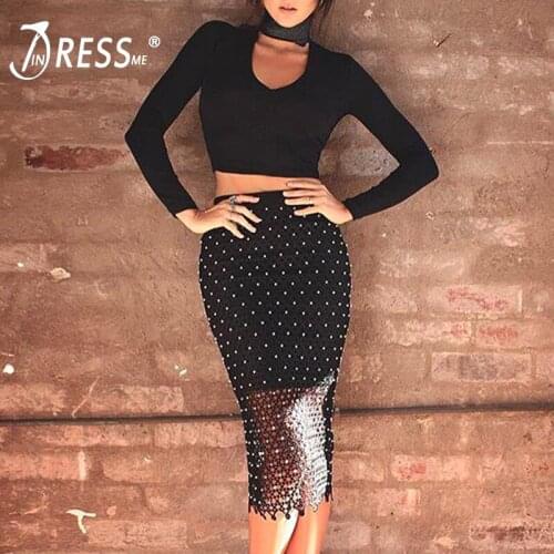 INDRESSME Sexy Women 2 Piece Sets Bodycon O Neck Full Sleeve Short Women Top Fashion Hollow Out Mini Skirt Clearance 2018