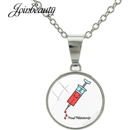 JOINBEAUTY Doctor Nurse Charm Necklace Syringe Stethoscope Women Necklace Round Glass Cabochon Pendant Accessories Jewelry NT273