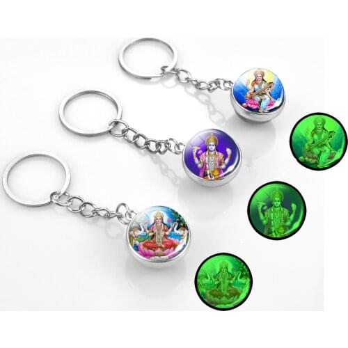 Luminous Lakshmi God Buddha Glass Ball Keychain Ganesh Bodhisattva Art Religious Jewelry Glowing Keyrings Amulet Gifts
