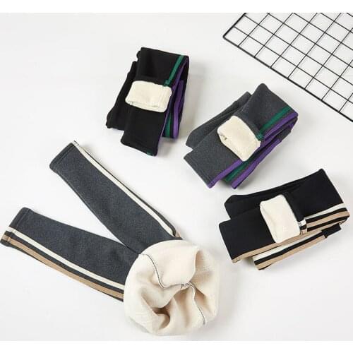 Warm Tight Thick Velvet Girls Leggings Cotton 2021High Waist Children Plus Slim Pants Solid Color Kids Stripe Leggings Winter