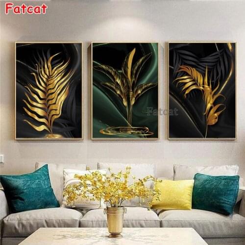 Three pieces of diamond painting square abstract gold leaf diamond embroidered diamond inlaid home decor jigsaw tripty PP1462