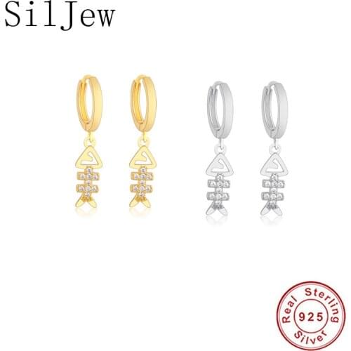 SilJew Vintage Animal Fish Bones Pendiente Hoop Dangle Earings 925 Sterling Silver Animal Crystal Zircon Luxury Jewellery