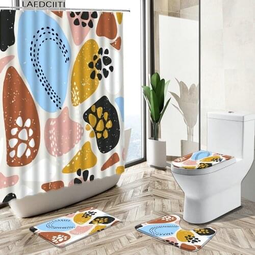 Colorful Abstract Pattern Shower Curtain Geometric Stripe Round Child Bathroom Set Bath Carpet Toilet Cover Floor Mat Washable