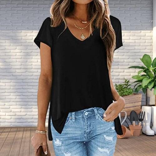 Women Summer Short Sleeve V-Neck Solid Color T-shirt Loose Casual Beach Colorful Tops Tees 2021 Female Sundress Beachwear