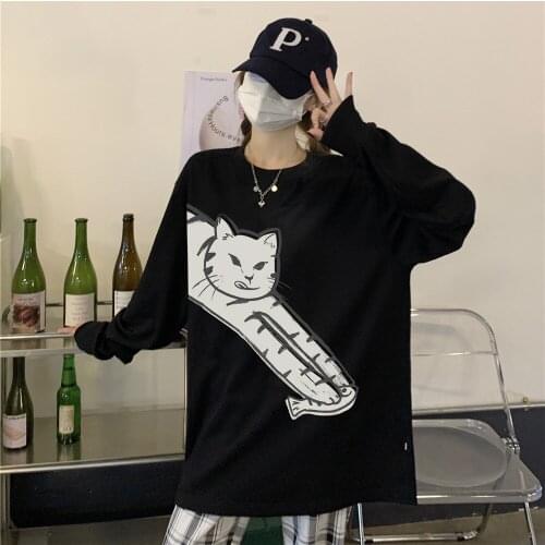 Autumn Korean cat print loose long sleeve t-shirt women