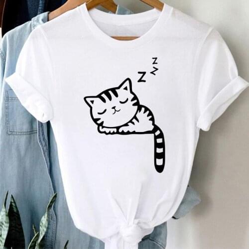 Women T shirts Funny Cartoon Cat Print T Shirt Ladies Short Sleeve O-Neck White Tshirt Summer Short sleeve Female Tee Shirt 2021