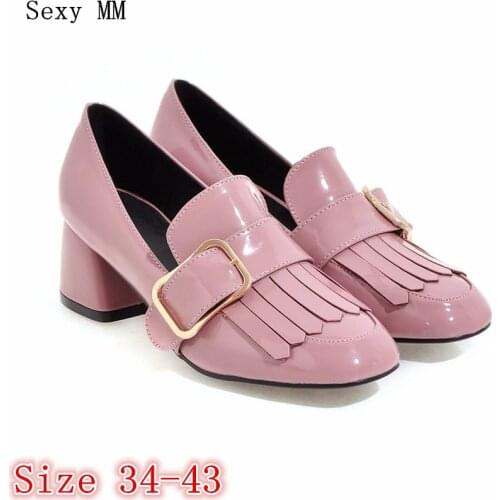 Women Oxfords Career Shoes Square Med High Heels Pumps Woman Med High Heel Shoes Kitten Heels Size 34 - 40 41 42 43