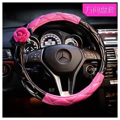 PU leather lady car steering wheel cover rose flower 38cm 14.96 inch Universal size Woman Car Decoration Black and Red White 1pc
