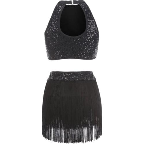 Women Belly Dance Latin Sequin Halter Top Bra Belt Hip Skirt Set Tassel Stage Performance Sets Solid Color Sexy Party Costume