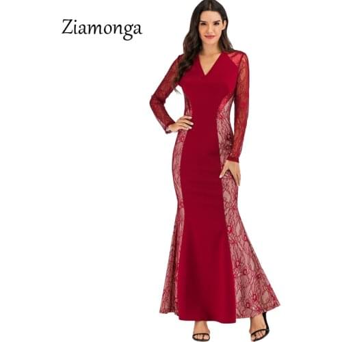 Ziamonga Sexy Lace Patchwork Long Dress Vestidos Robe Femme Mesh Kleider Sukienka Fashion Ladies Dresses Elegant Maxi Dresses