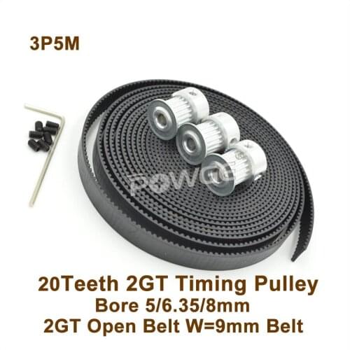 POWGE 3pcs 20 Teeth GT2 Timing Pulley Bore 5/6.35/8mm+ 5M GT2 Synchronous Belt W=9mm 20T 20Teeth 2GT Timing Belt Pulley 20-2GT