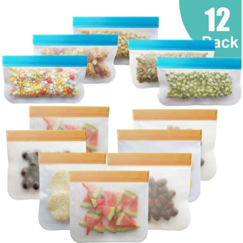 12 Pieces/Set Of Reusable Silicone Food Bag PEVA Silicone Food Preservation Bag Leak-Proof Top Zipper Lock Sealed Storage Bag
