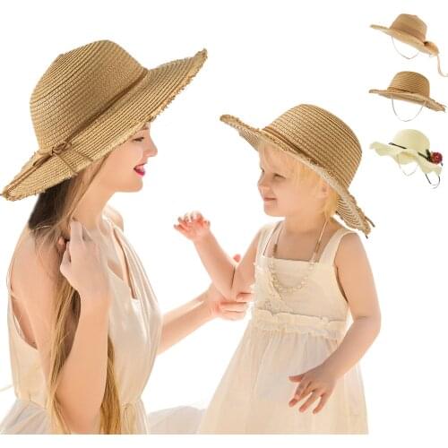 2pcs/set New flower wide-brimmed sun hat, breathable childrens hat, factory spot beach sunscreen parent-child straw hat