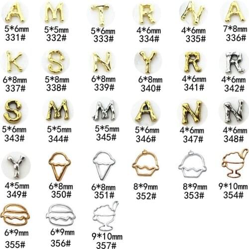 50pcs/Pack Vintage Series 13 Alloy Nail Art Charms Parts English Letter Alphabet Ice Cream DIY Metal Accessories Sticker Tools