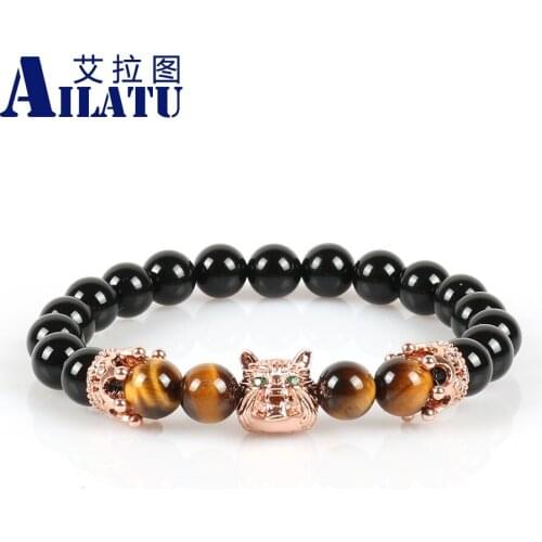 Ailatu Brand Jewelry 8mm Tigers Eye Stone Beads and Black Onyx Stone Beads with Micro Pave Cz Wolf Head Charm Beaded Bracelet