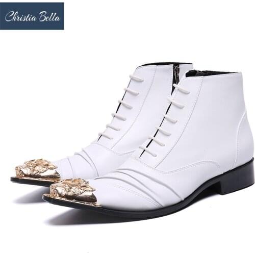 Christia Bella British Style Large Size Real Leather Lace Up Short Boots White Formal Party Boots Metal Toe Wedding Man Boots