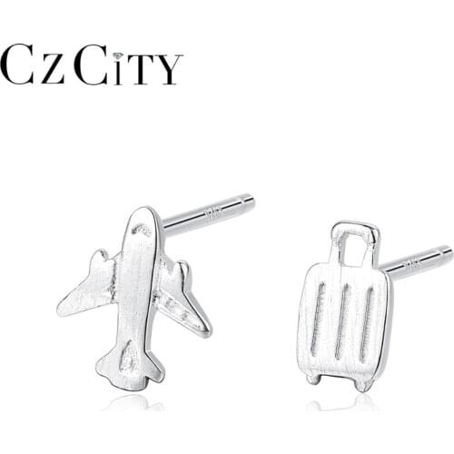 CZCITY Fashion Mini Plane & Trunk Design Stud Earrings for Women Brushed Simple Silver 925 Earrings Brand Fine Jewelry Trip Gift