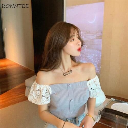 T Shirt Women Knitting All-match Summer Fashion Students Slash Neck Simple Casual Puff Sleeve Patchwork Crop Tops Elegant Ladies