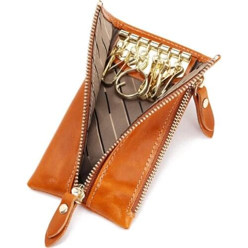 Unisex Retro Real Leather Key Wallet Women Keychain Covers Zipper Key Case Bag Men Key Holder Housekeeper Keys Organizer purse