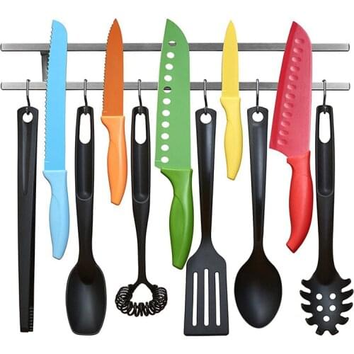 Kitchen Utensil Magnetic Knife Holder With Hooks Wall Mount Drill Stainless Steel Knife Shelf Double Bar Magnet Knife Rack Strip