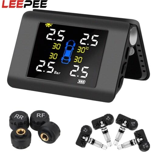 LEEPEE Solar Power TPMS Car Tire Pressure Monitoring System With 4 External or Built-in Sensors LED Display
