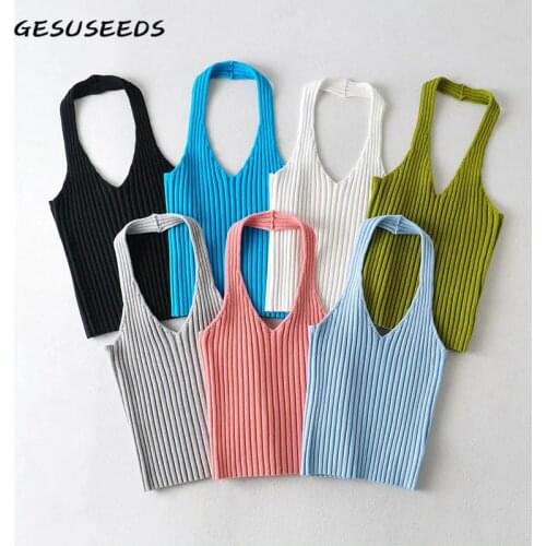Summer Cropped Top Women Sleeveless Tops Corset Sexy Tank Top Knitted Backless Tops Ribbed Solid Vest Pink Black Halter Top 2021