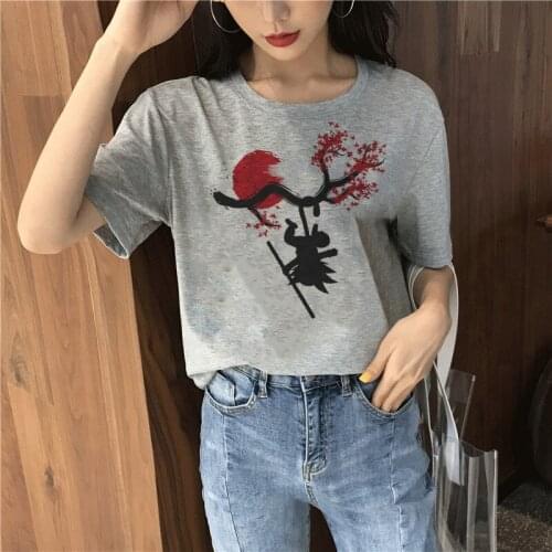 Summer Harajuku gray o-neck Short sleeve Female style Japanese Style Giant Wave Impact Print T Shirt spoof Women Tops Clothing