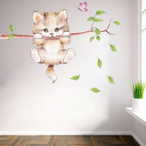 Cute cat butterfly tree branch wall stickers for kids rooms home decoration cartoon animal wall decals diy posters pvc mural art