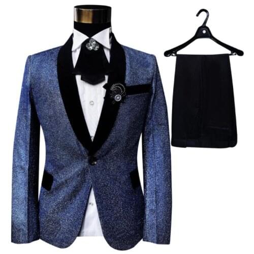 Singer stage slim clothing for men suit set with pants mens wedding suits groom formal dress blue fashion College style European