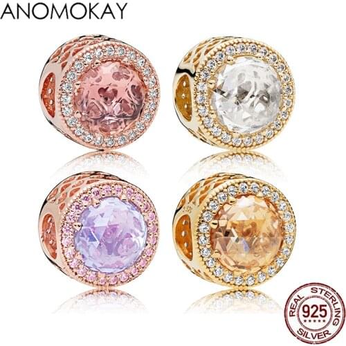 Luxury Classic Jewelry Rose Gold CZ Round Charm fit Bracelet Necklace Shining Heart S925 Silver Beads for Women DIY Jewelry Gift