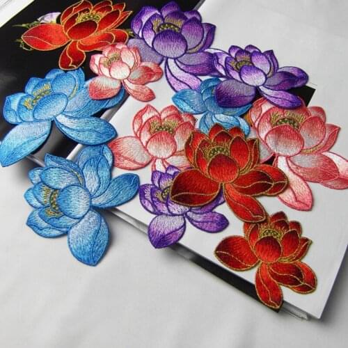 High Quality 1 piece soft embroidered lotus flower patches sew on sticker for dress DIY accessories clothes designer