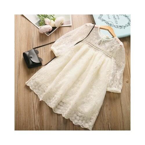 Explosion model 4-8 year old girl full embroidered dress spring and summer new childrens soft lace mid-sleeve princess dress