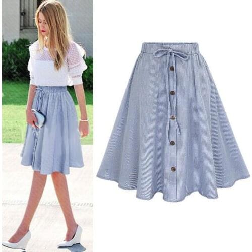 Summer Women Skirt Vintage Stripe Print Lace-up Button High Waist Skirts Gown Pleated Casual Midi Knee-length Skirts