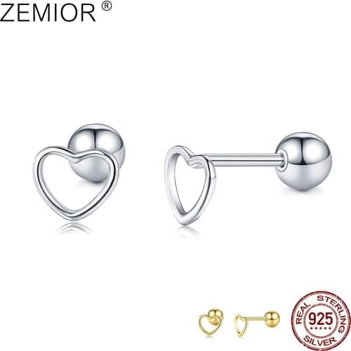 ZEMIOR Real 925 Sterling Silver Romantic Hollow Simple Heart Classic Stud Earrings For Women Tiny Earring Birthday Fine Jewelry