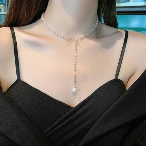 ARLIE Kpop Fashion Bowknot Pearl Choker Necklaces Women Cute Gold Color Bijoux Rhinestone Pendant Necklaces Korean Jewelry 2020